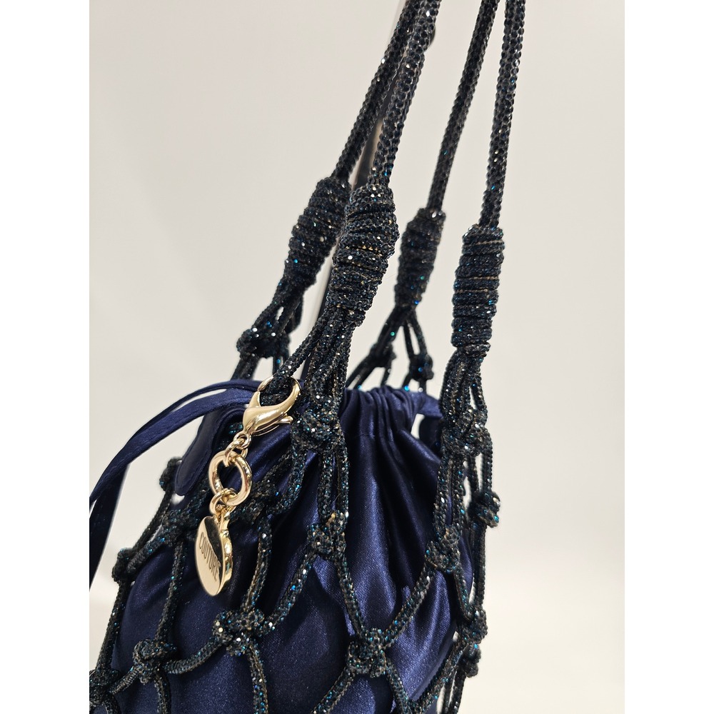 Judith Leiber Couture Sparkle Net Pouch Bag Bucket Navy Satin Mesh Evening EUC - Picture 3 of 13